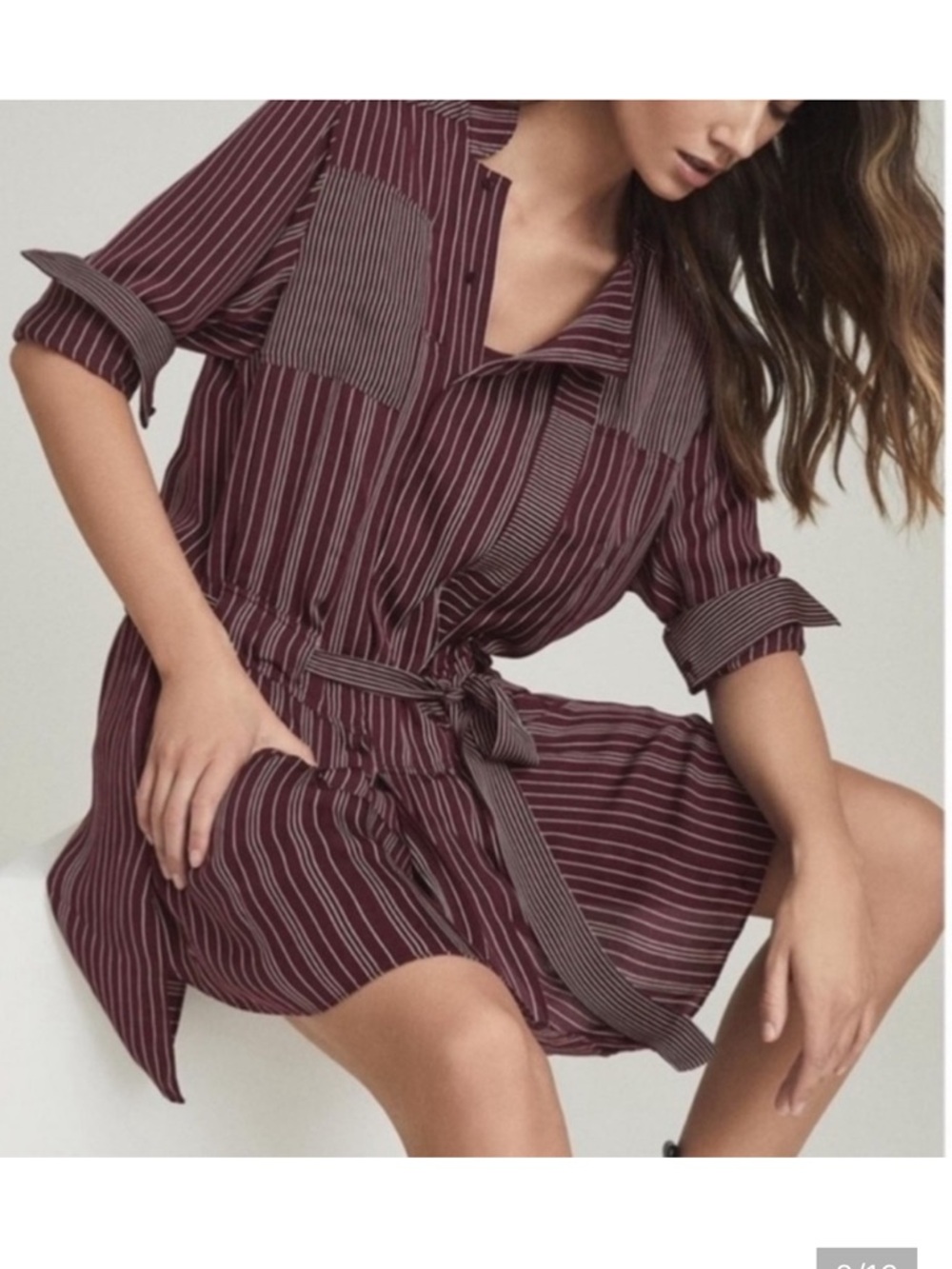 REISS Albi Mixed Striped Burgundy Mini Pocket Shirt Dress 10 Tie Waist Pockets